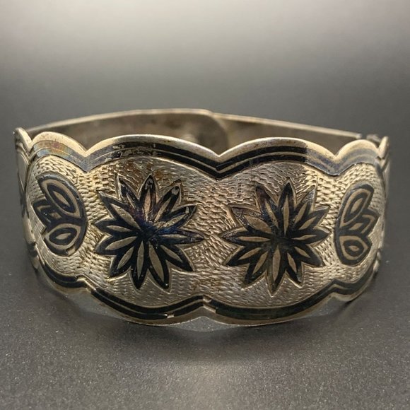 Vintage Sterling Silver Niello Hinge Cuff Bangle Boho Bracelet Flower Inlay - Picture 2 of 9